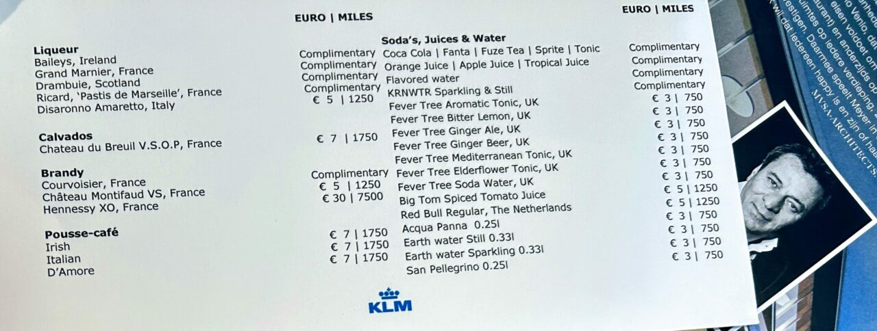 KLM'S non Schengen Crown Lounge drinks menu