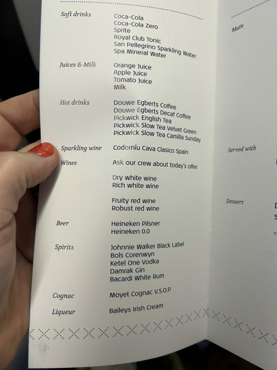 KLM City Hopper E190 Business class Food Menu