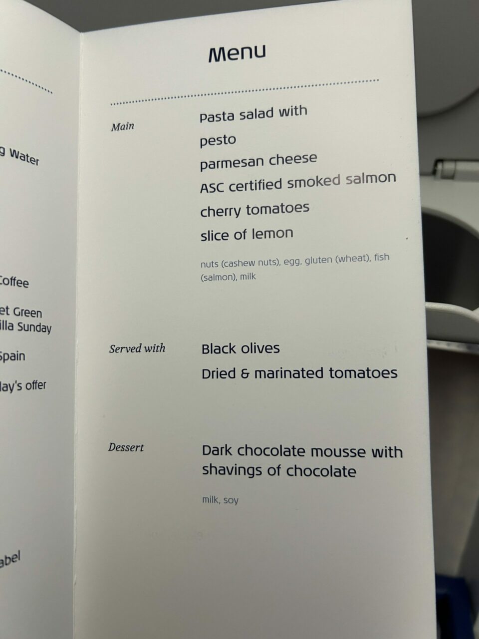 KLM City Hopper E190 Business class Menu