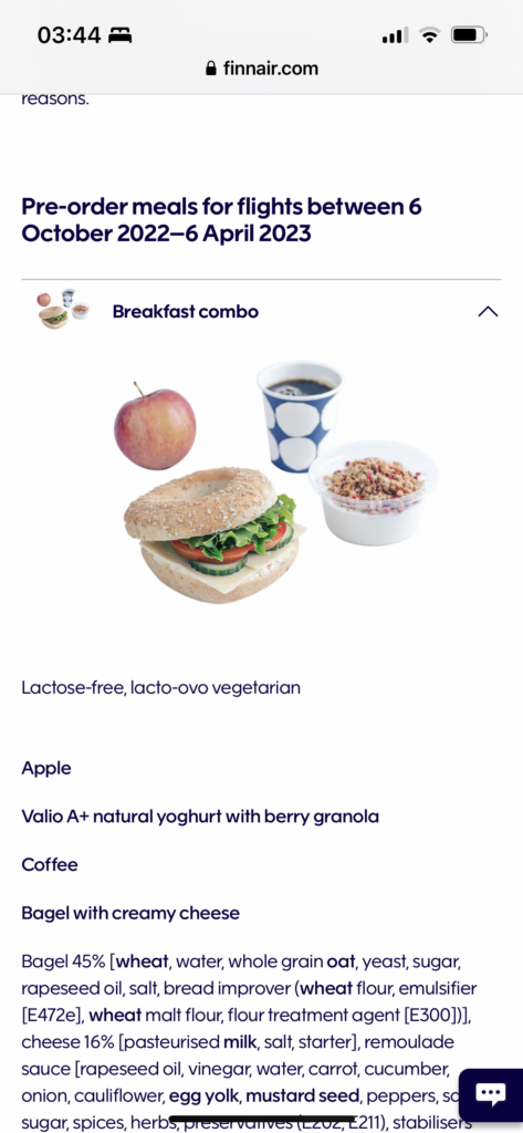 Finnair economy class vegetarian menu 