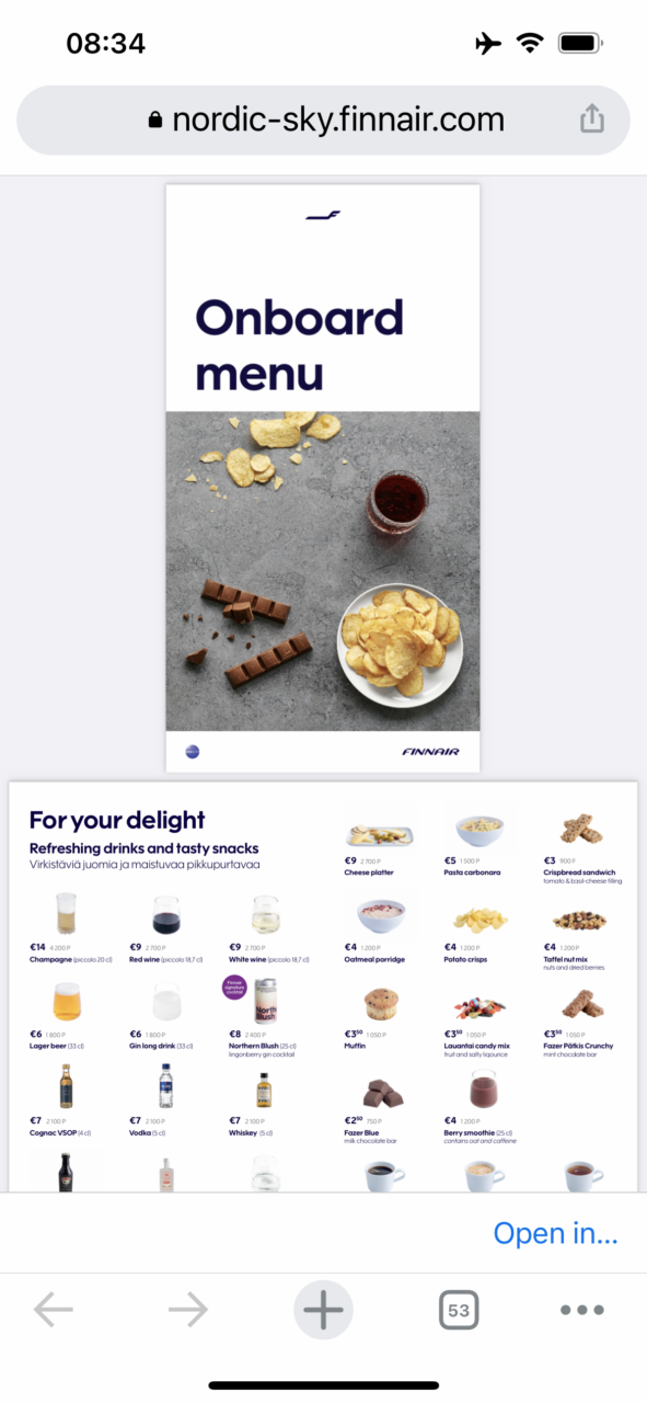 Finnair economy class menu