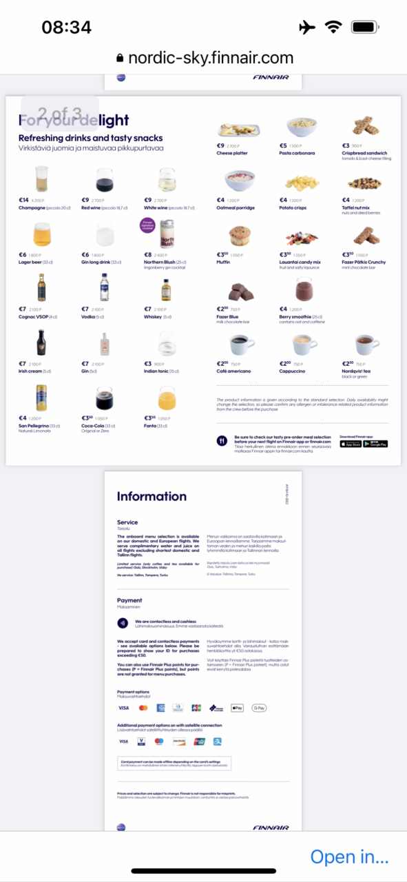 Finnair economy class food menu