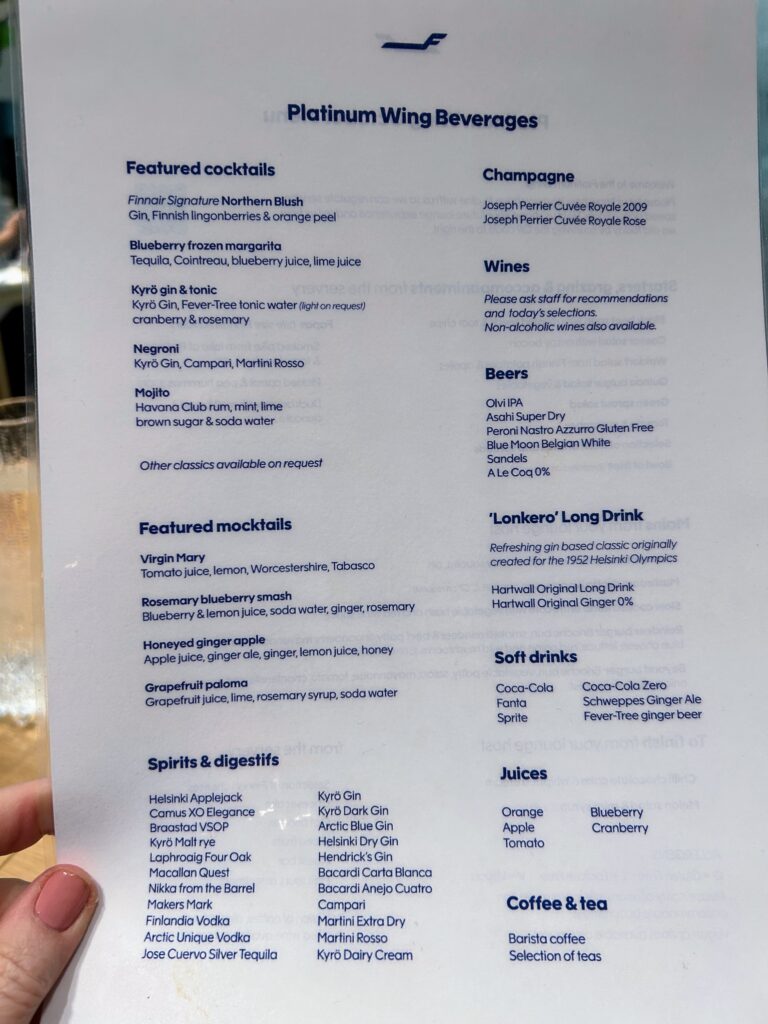 Finnair's new Platinum and business class lounges menu 