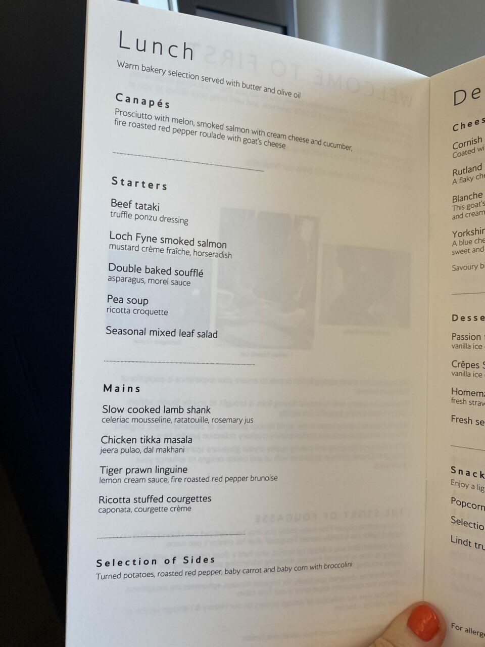 British Airways A380 First class Menu