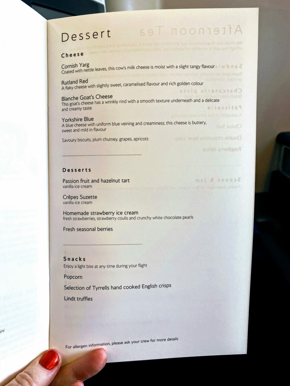 British Airways A380 First class Menu