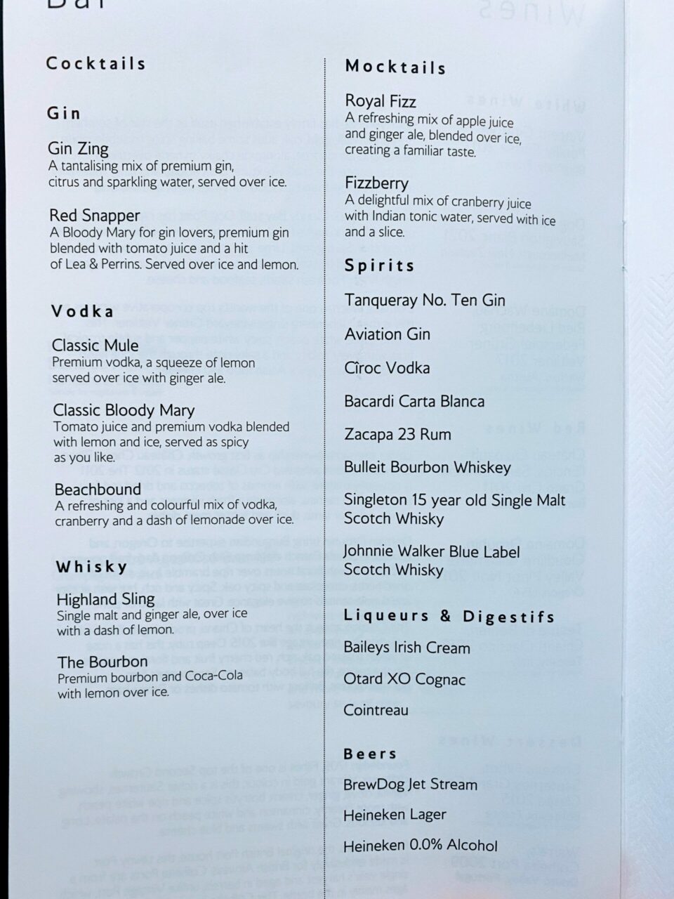 British Airways A380 First class Menu