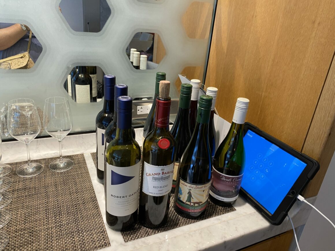 The Qantas First Class lounge Wine