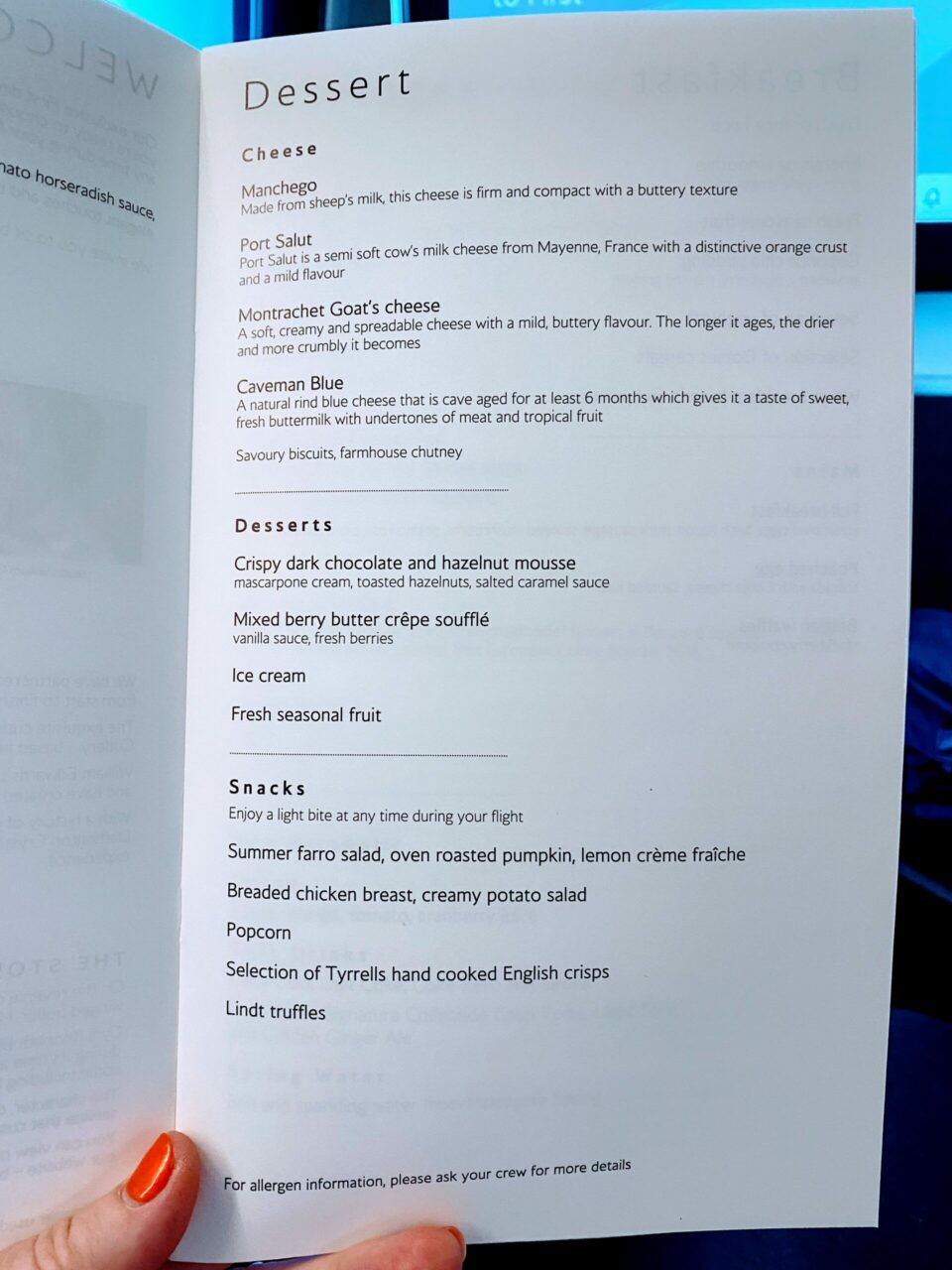 British Airways new first class suite menu dessert