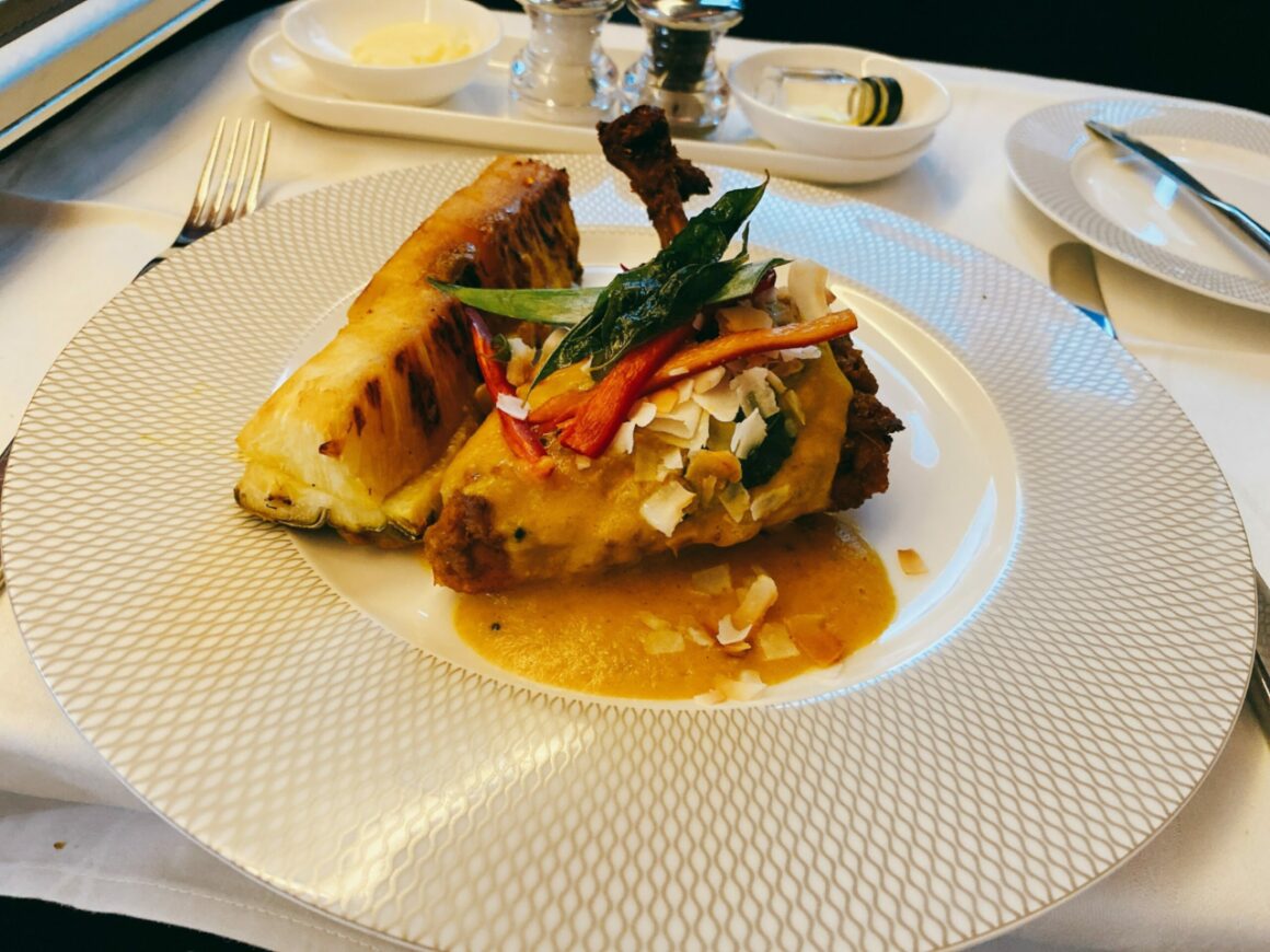 British Airways new first class suite chicken meal 