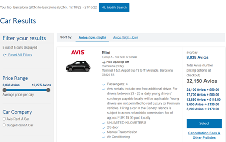 car rental with Avios, how to spend avios points, car rental British Airways