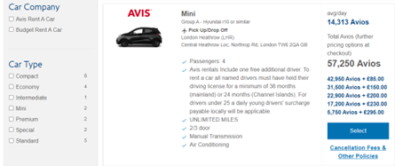 car rental in london with Avios