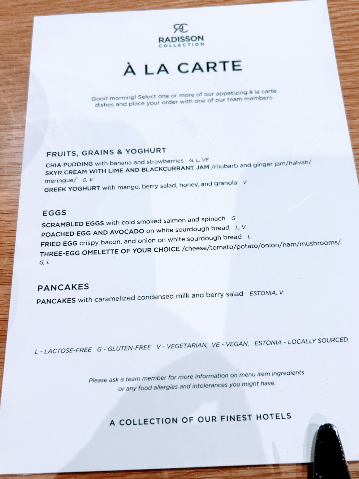 A la carte menu 