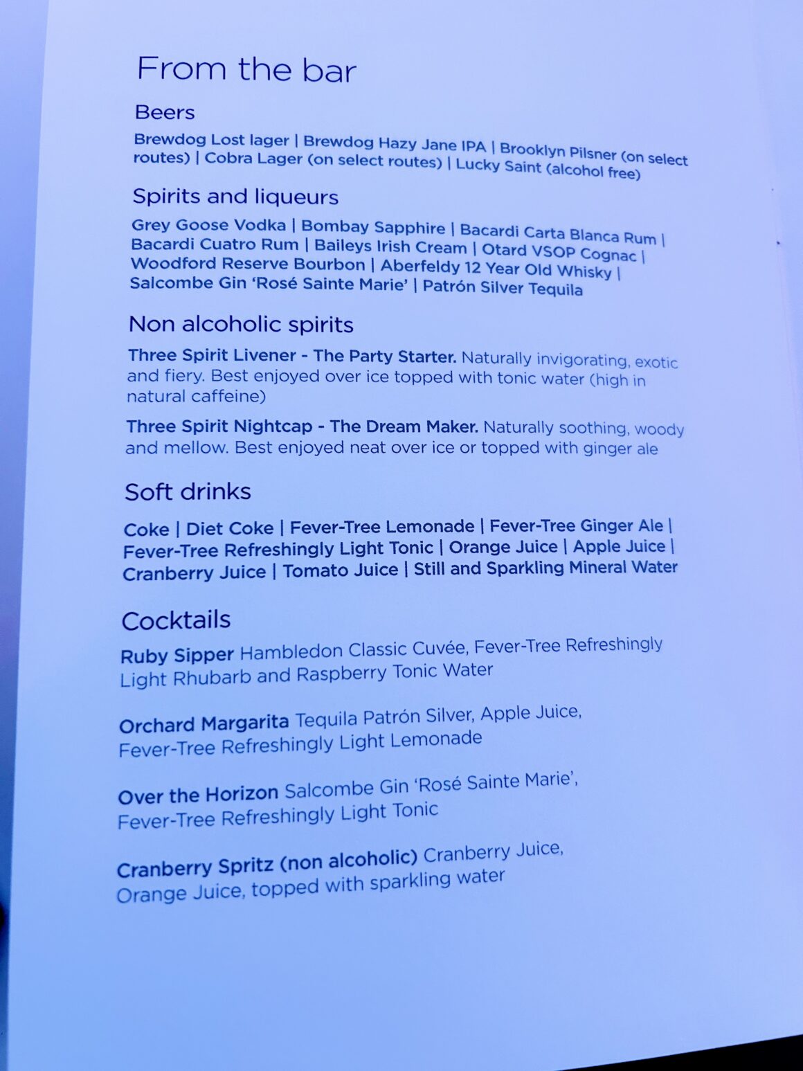 Virgin Atlantic Upper Class A330neo bar Menu 