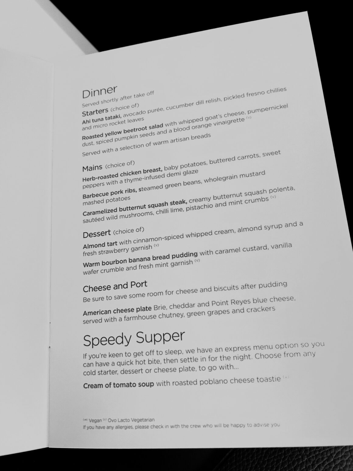 Virgin Atlantic Upper Class A330neo Dinner Menu 