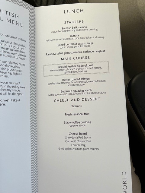 New Club World food flight Lunch Menu 