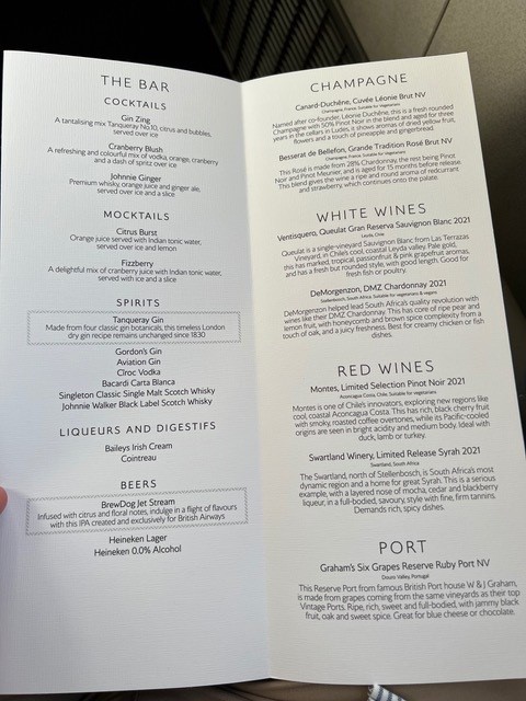 New Club World food flight alcohol menu 