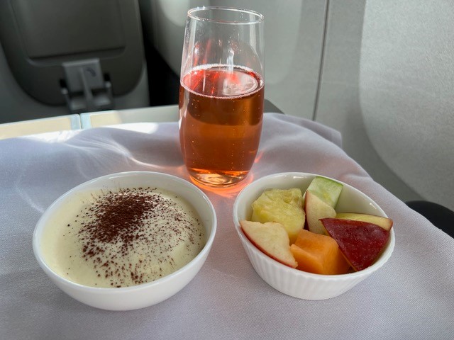 New Club World food flight - tiramisu and fruit 