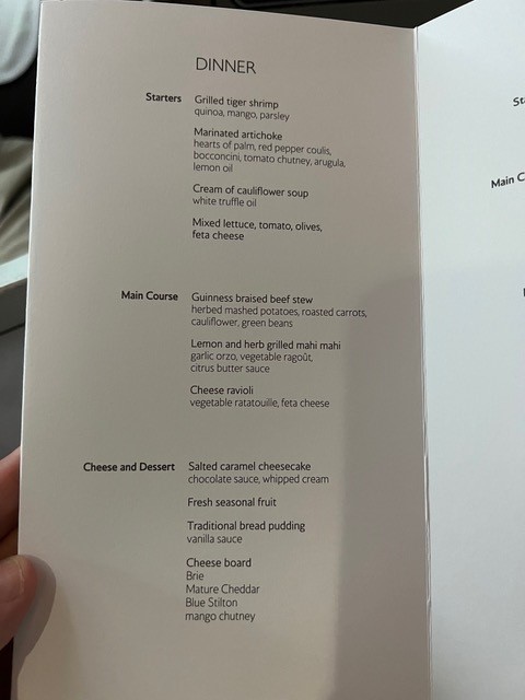 New Club World food flight Dinner Menu 