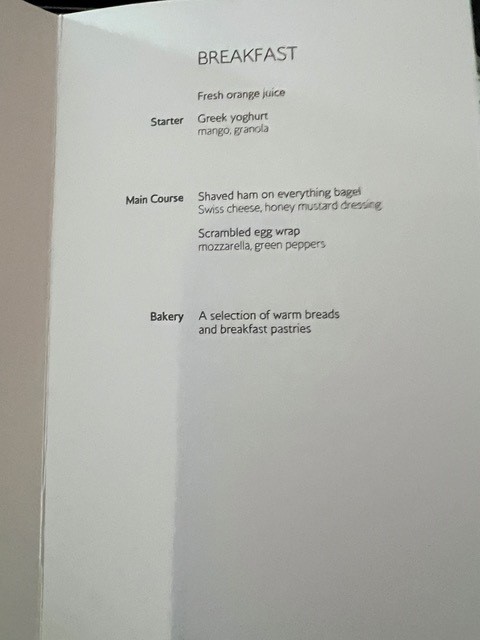 New Club World food flight Breakfast menu 