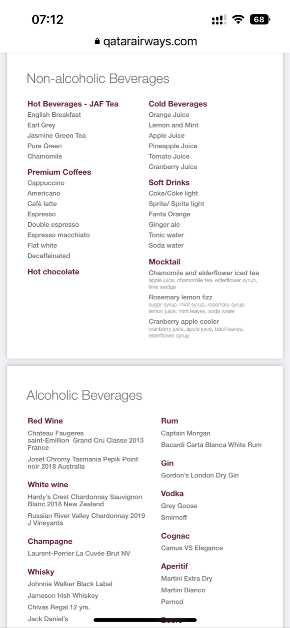 Gold Lounge Beverage Menu