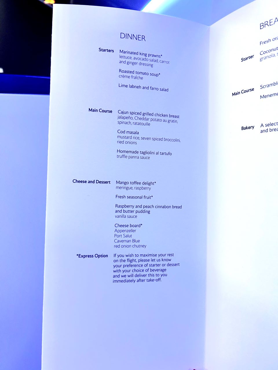 BA Club World Dinner Menu