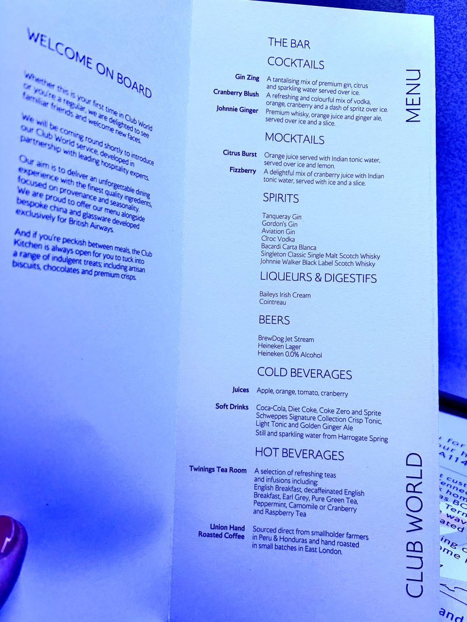 BA Club World Menu Cocktails