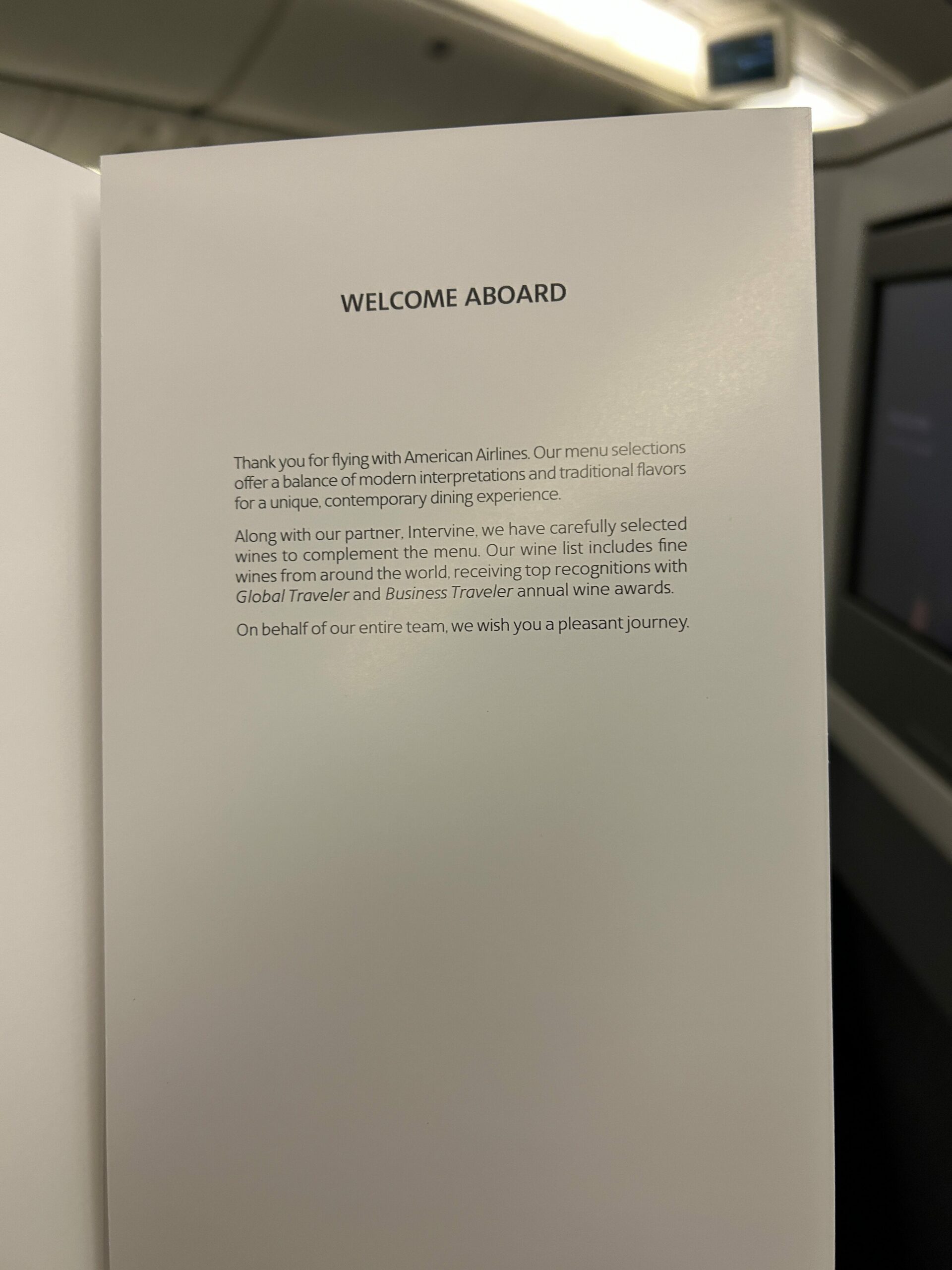 American Airlines B777-300ER Business Class welcome menu
