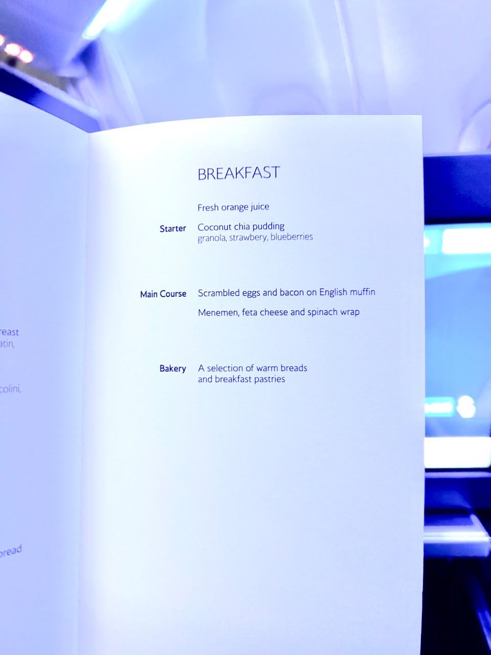 Last BA Club World flight Breakfast Menu