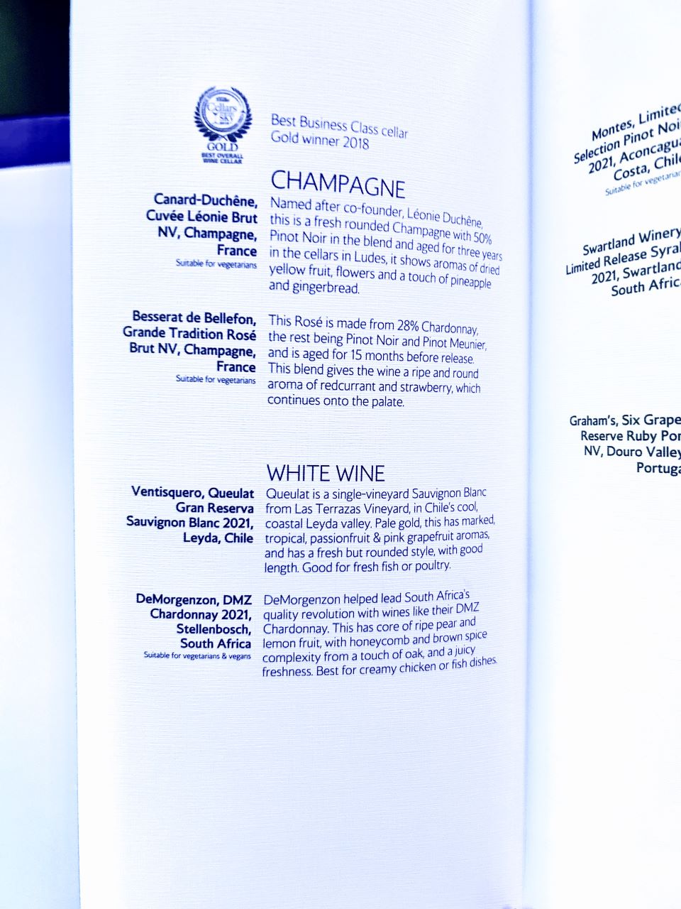 Last BA Club World flight Champagne Menu