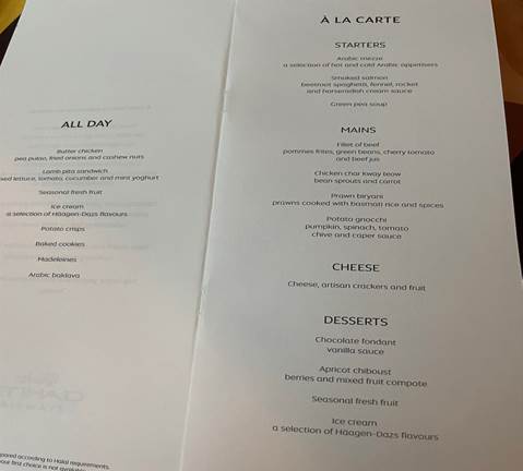 A la Carte Menu BA Club World vs Etihad Business Class 