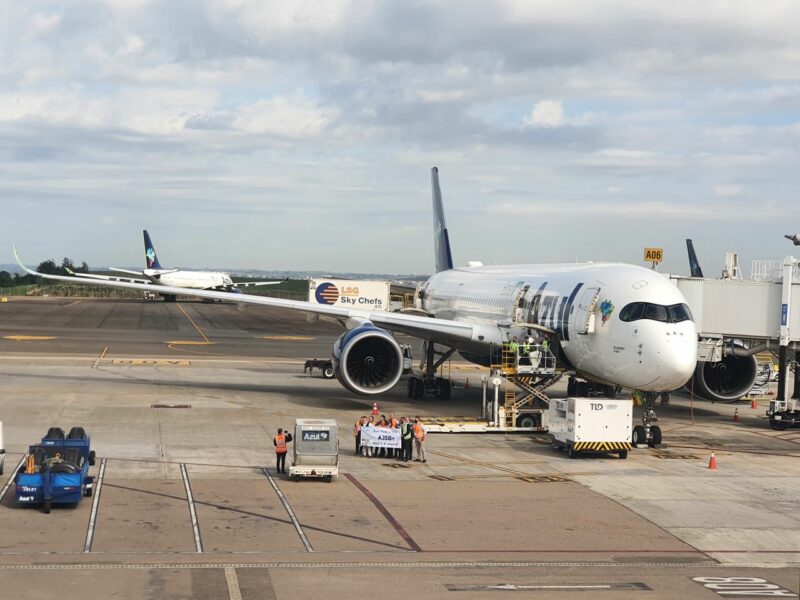 Azul A350 Business Class on Stand with Staff Posing