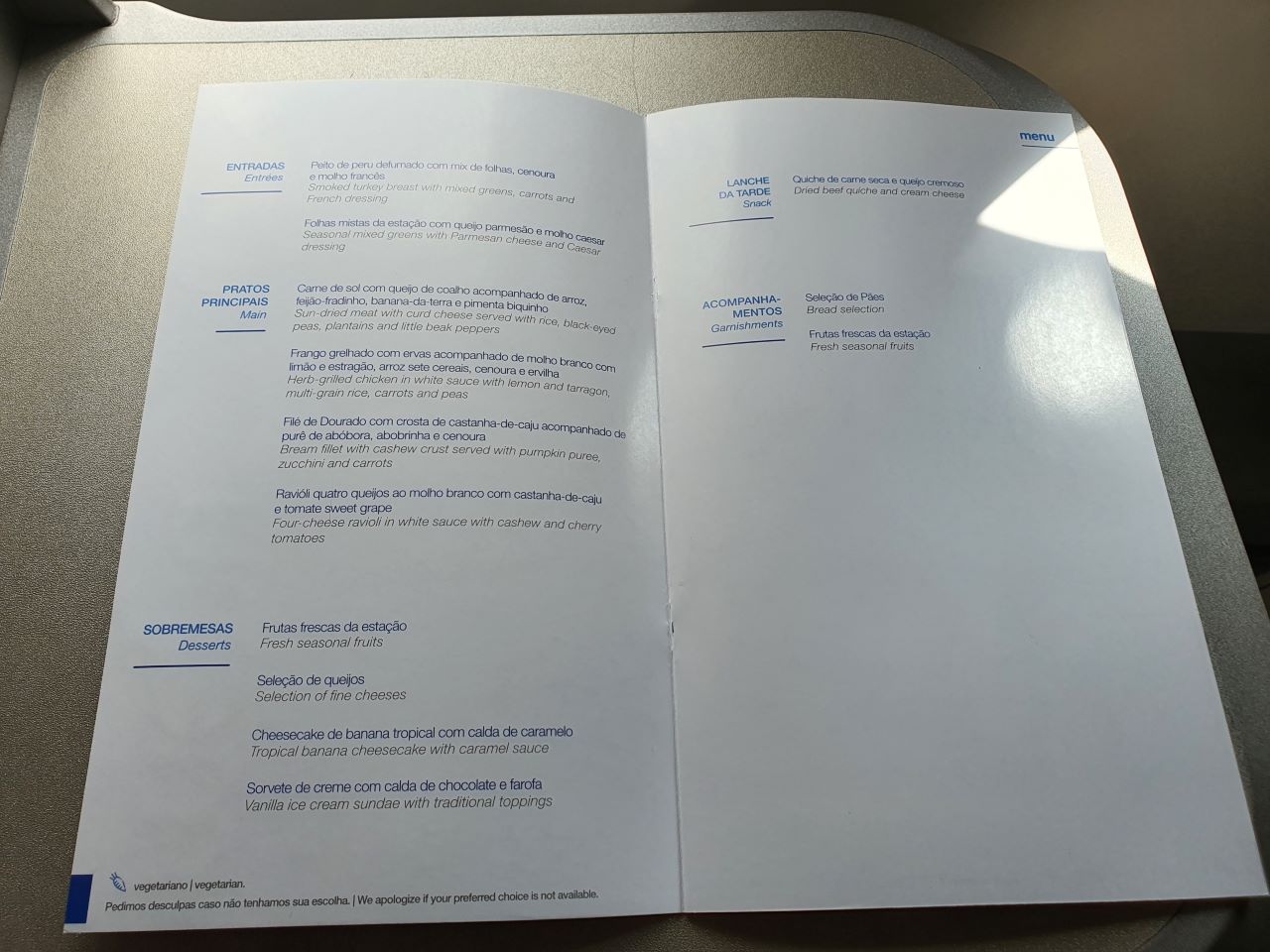 Azul A350 Business Class Dinner Menu 