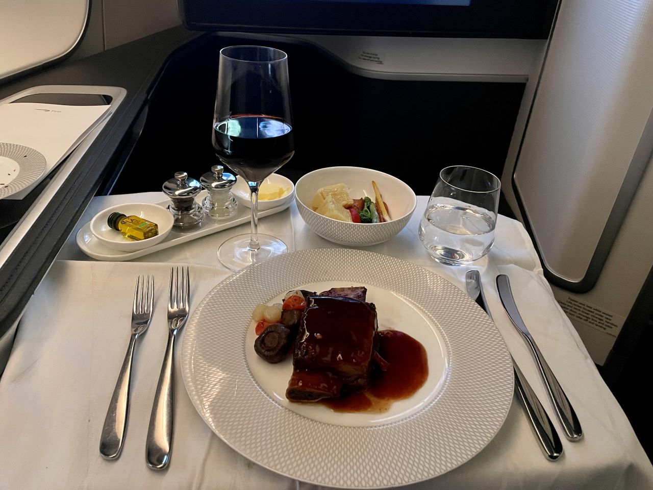 BA First Class Braised beef short rib and cheese course