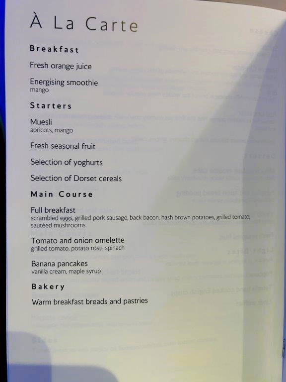 British Airways First class Food Menu