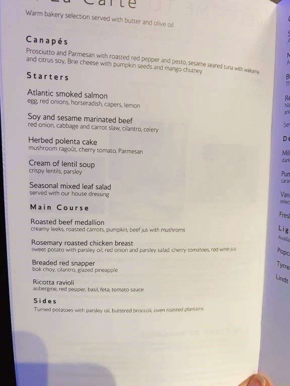 British Airways First class Menu