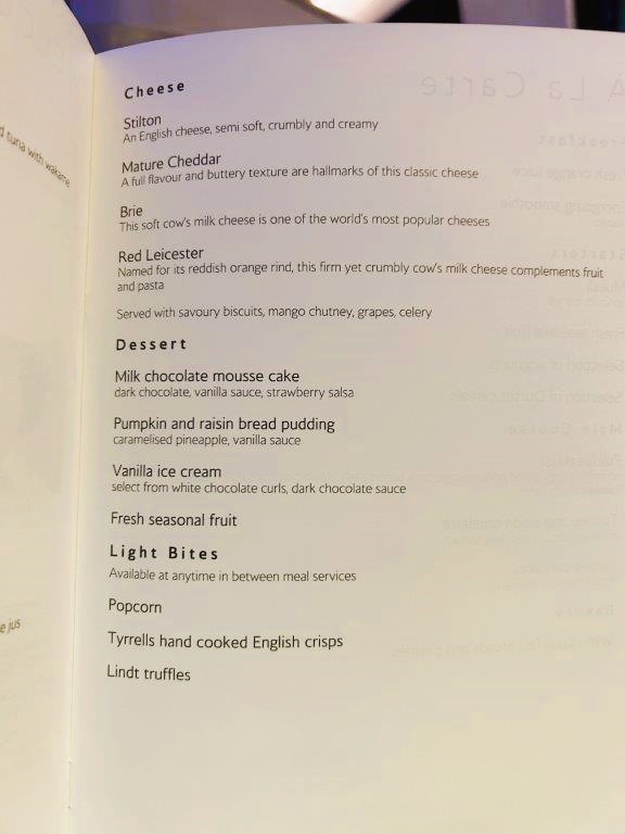 British Airways First class Menu