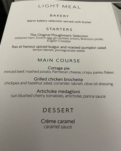 BA Club World vs Etihad Business Class Light Meal Menu