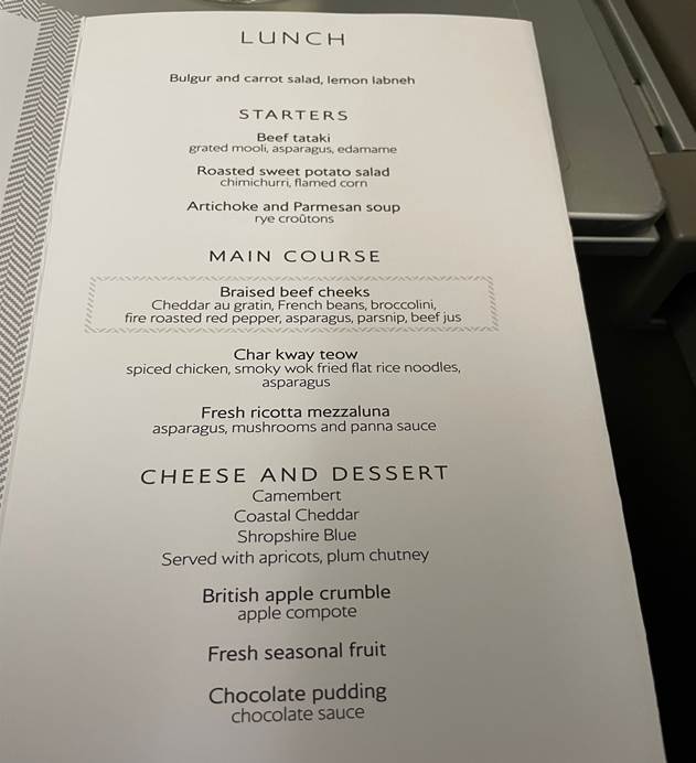 BA Club World vs Etihad Business Class Lunch