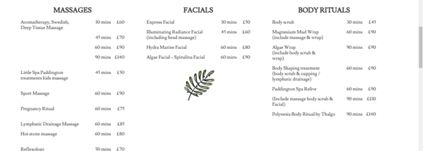 the spa menu at the chillworth