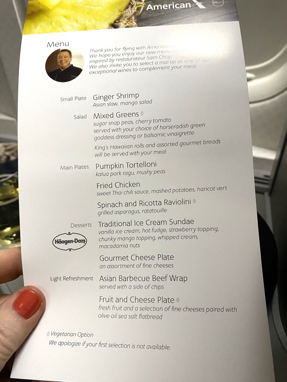 American Airlines business class menu