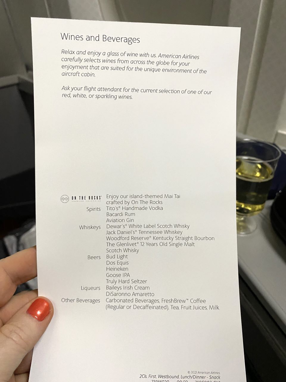 American Airlines business class wine menu
