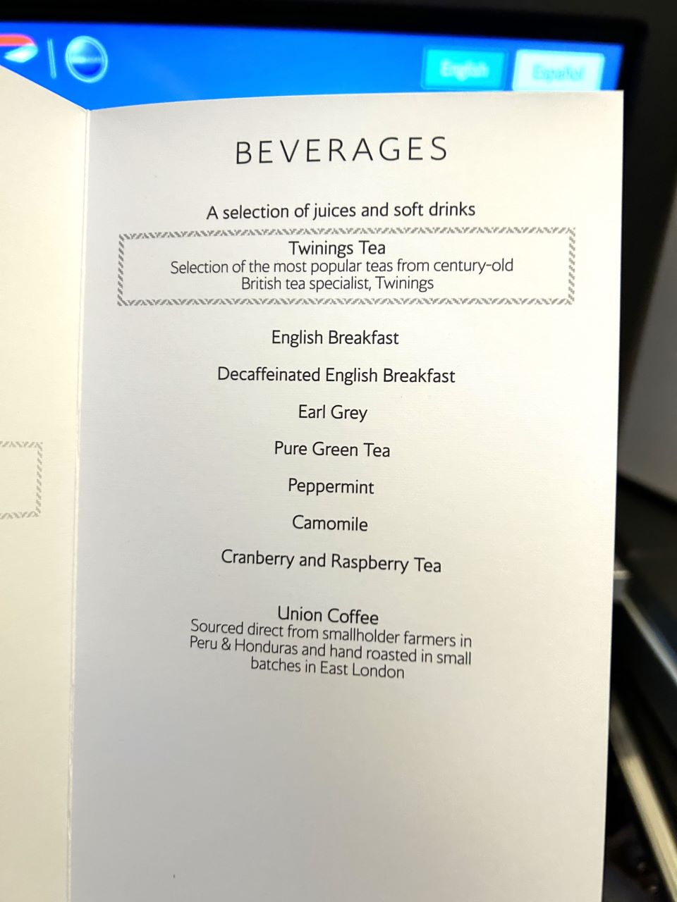 British Airways Club Suite Beverages Menu