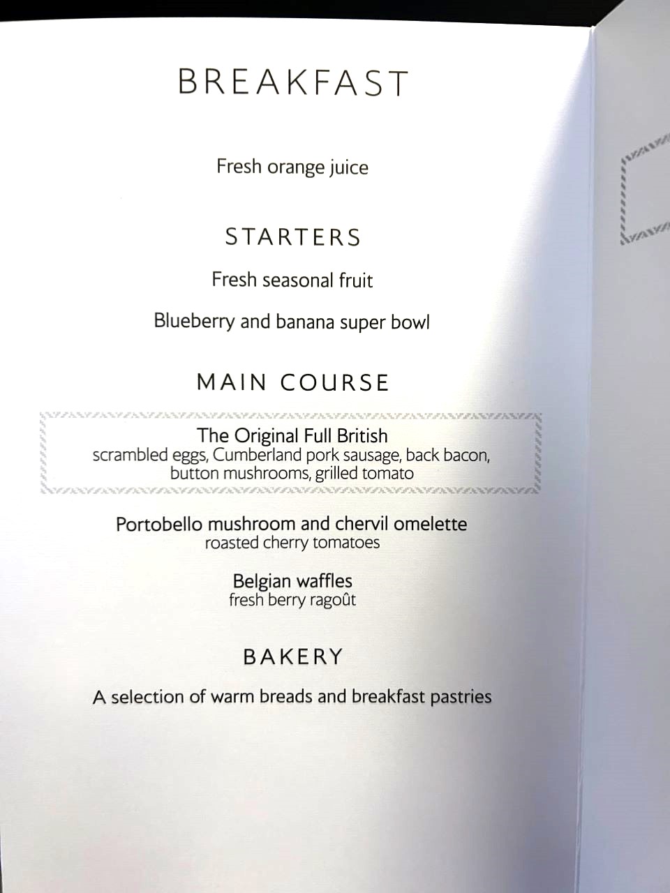 British Airways Club Suite Breakfast Menu