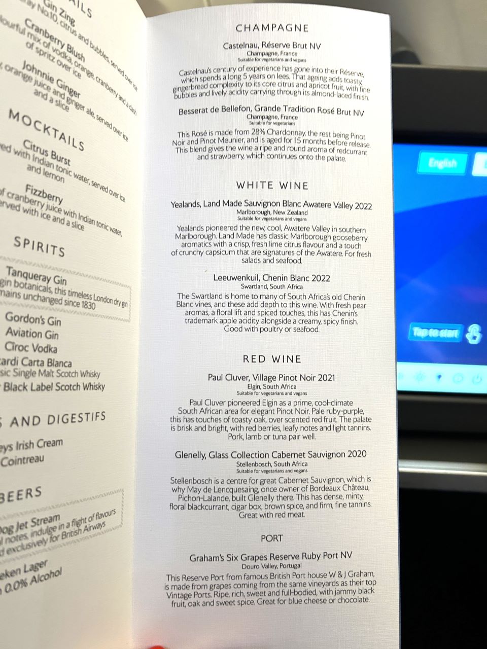 British Airways Club Suite Champagne Menu