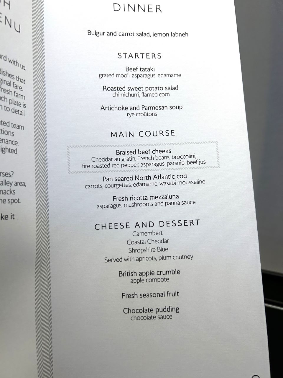 British Airways Club World Dinner Menu