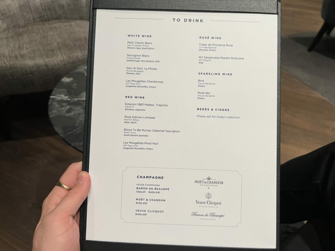 Drinks Menu at Gatwick's Premium Clubroom Lounge