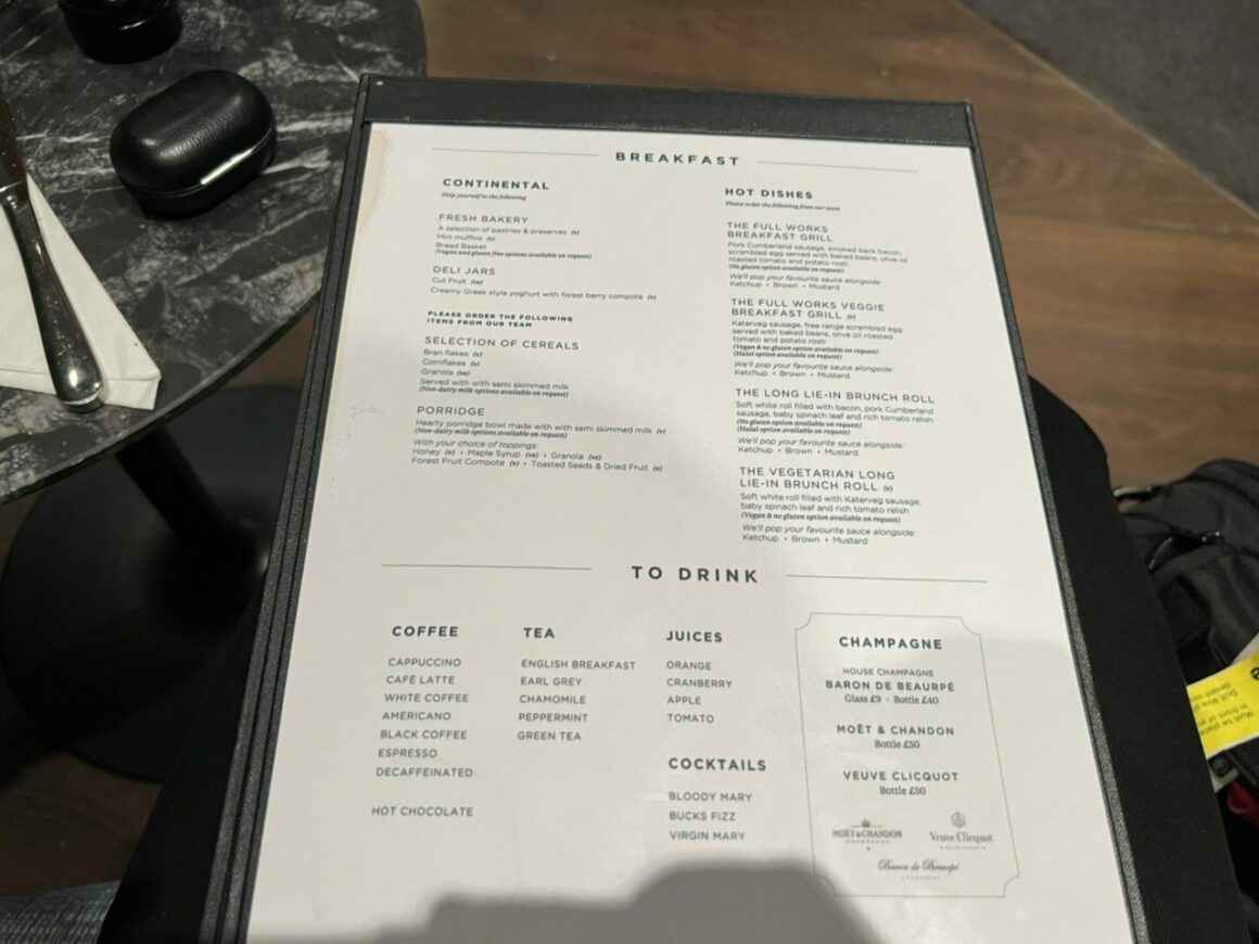 Gatwick's Premium Clubroom Lounge Breakfast Menu