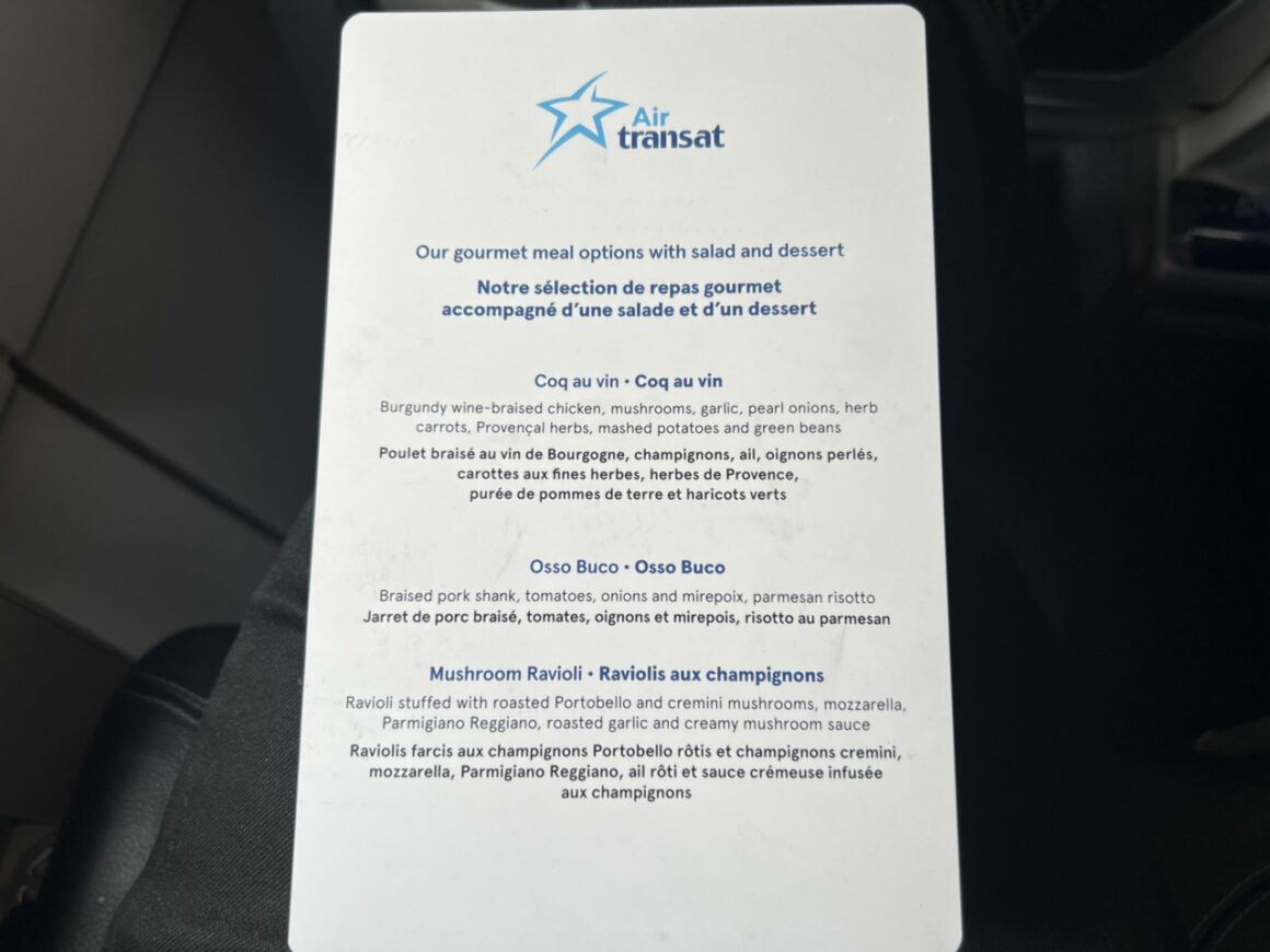 Air Transat Club Class Gourmet Meal