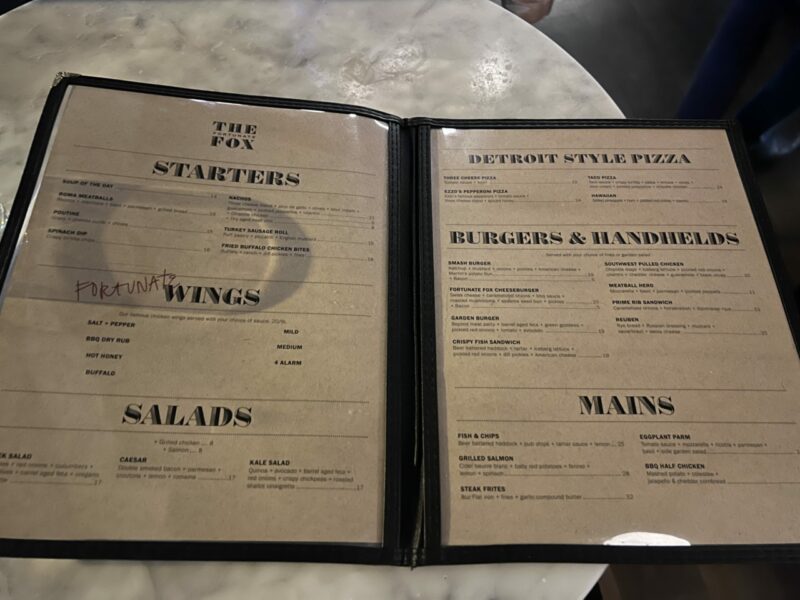 The Fortunate Fox menu 