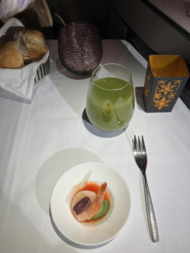 Qatar Airways QSuites Business Class mint drink 